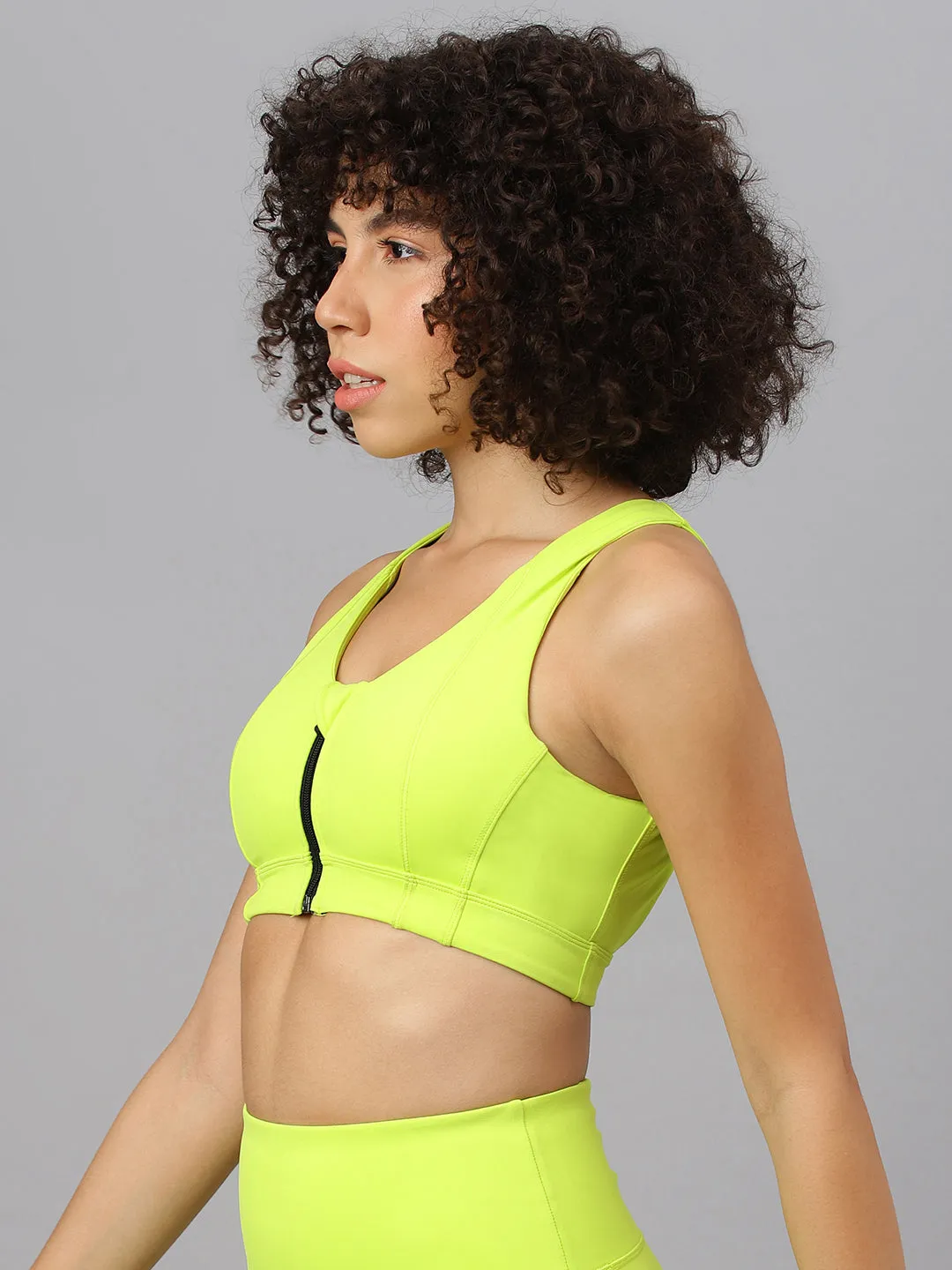 Fitkin Women's Neon Green  Front Zipper Sports Bra