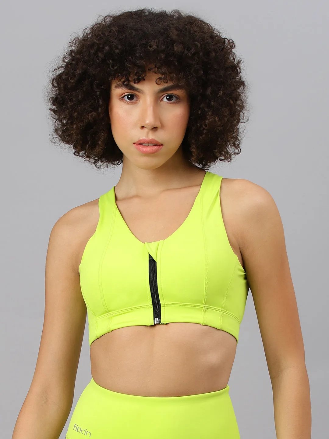 Fitkin Women's Neon Green  Front Zipper Sports Bra