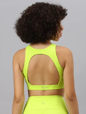 Fitkin Women's Neon Green  Front Zipper Sports Bra