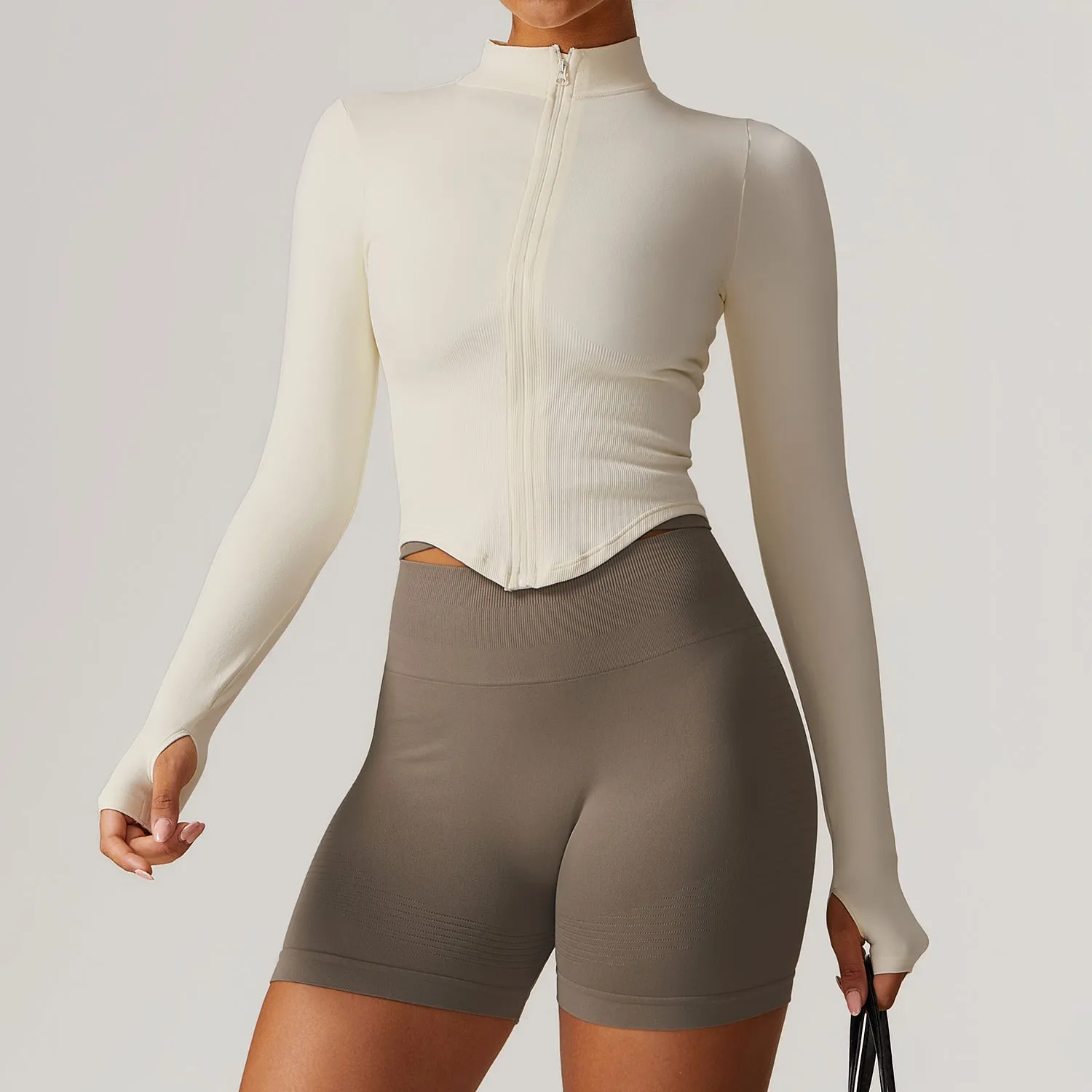 Full Zip-Up Long Sleeve Yoga Jacket with Thumb Holes