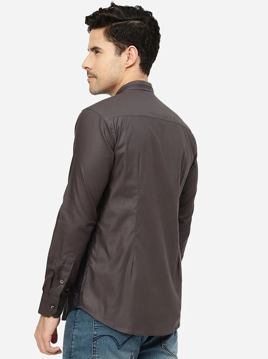Grey & Blue Printed Slim Fit Party Wear Shirt | JB Studio