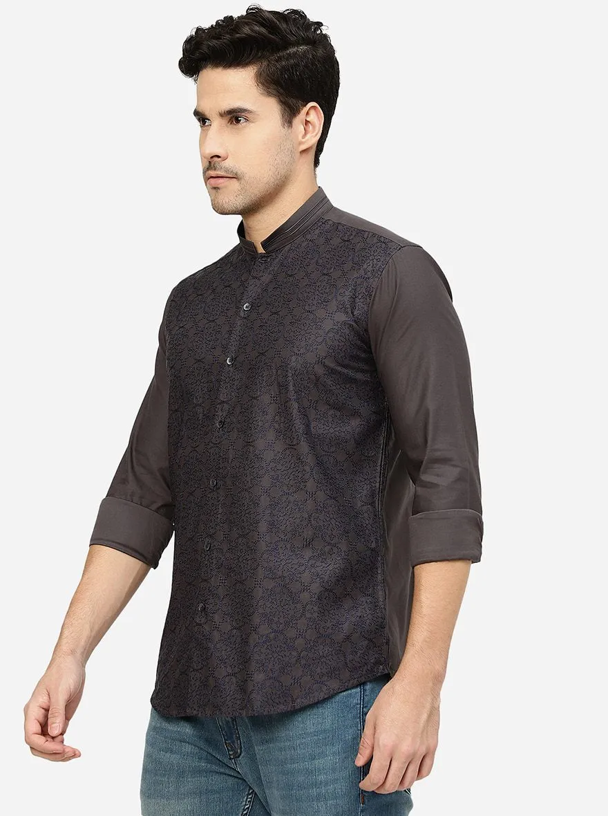 Grey & Blue Printed Slim Fit Party Wear Shirt | JB Studio