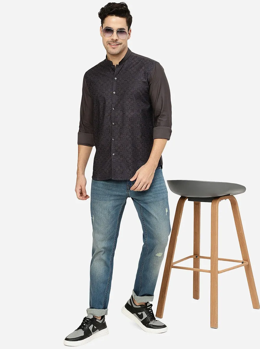 Grey & Blue Printed Slim Fit Party Wear Shirt | JB Studio