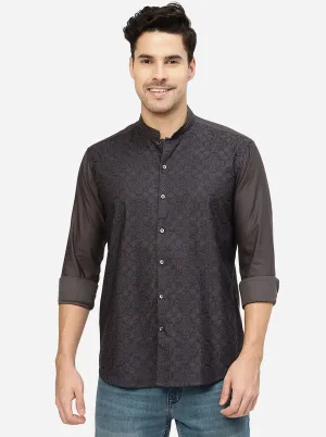 Grey & Blue Printed Slim Fit Party Wear Shirt | JB Studio