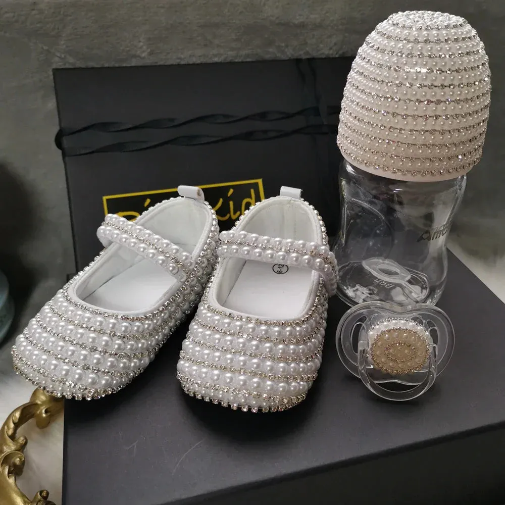 Handmade White Pearls Bling Rhinestone Baby Crib Shoes Christening Outfit Wedding Sparkle Organza Baptism 0-3m Shoes