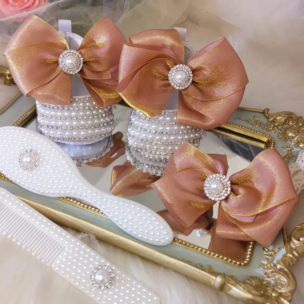 Handmade White Pearls Bling Rhinestone Baby Crib Shoes Christening Outfit Wedding Sparkle Organza Baptism 0-3m Shoes