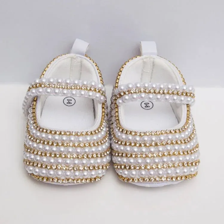 Handmade White Pearls Bling Rhinestone Baby Crib Shoes Christening Outfit Wedding Sparkle Organza Baptism 0-3m Shoes