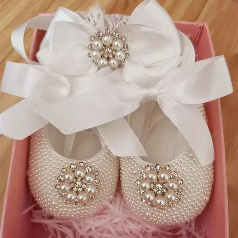 Handmade White Pearls Bling Rhinestone Baby Crib Shoes Christening Outfit Wedding Sparkle Organza Baptism 0-3m Shoes