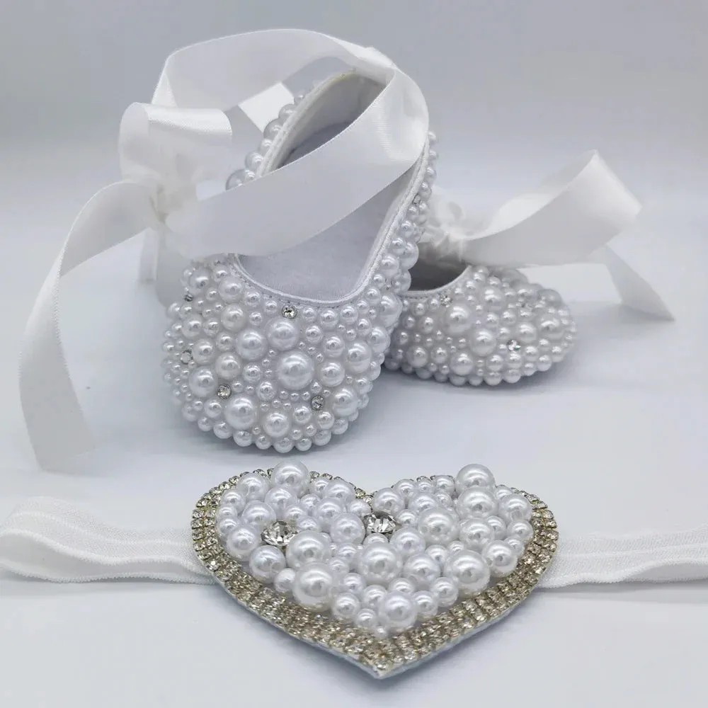Handmade White Pearls Bling Rhinestone Baby Crib Shoes Christening Outfit Wedding Sparkle Organza Baptism 0-3m Shoes