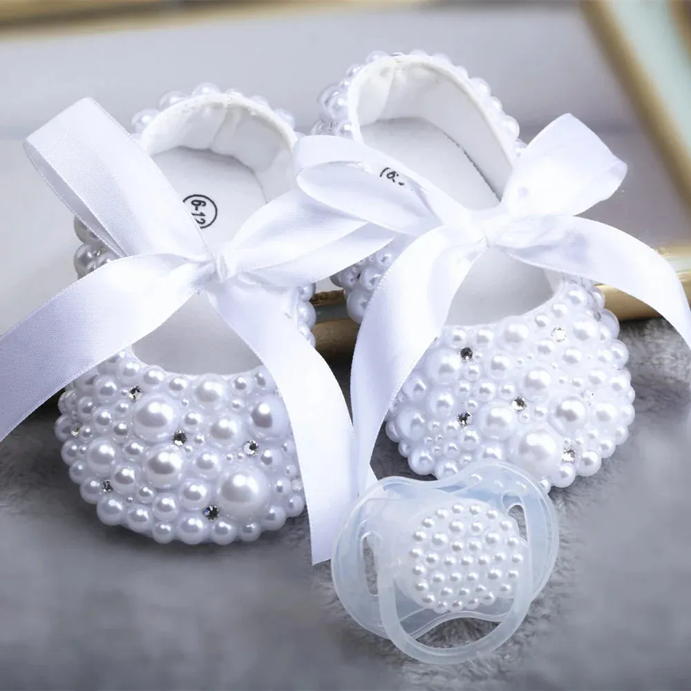 Handmade White Pearls Bling Rhinestone Baby Crib Shoes Christening Outfit Wedding Sparkle Organza Baptism 0-3m Shoes