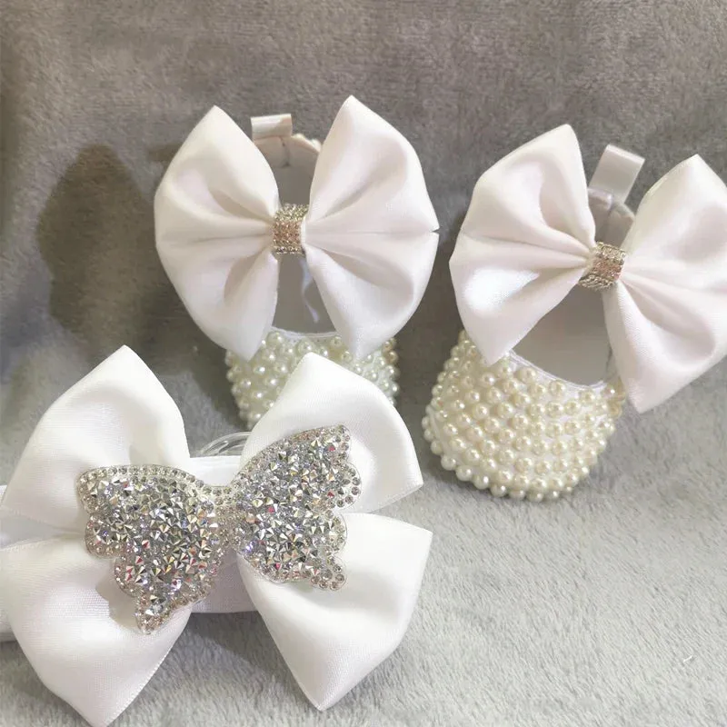 Handmade White Pearls Bling Rhinestone Baby Crib Shoes Christening Outfit Wedding Sparkle Organza Baptism 0-3m Shoes
