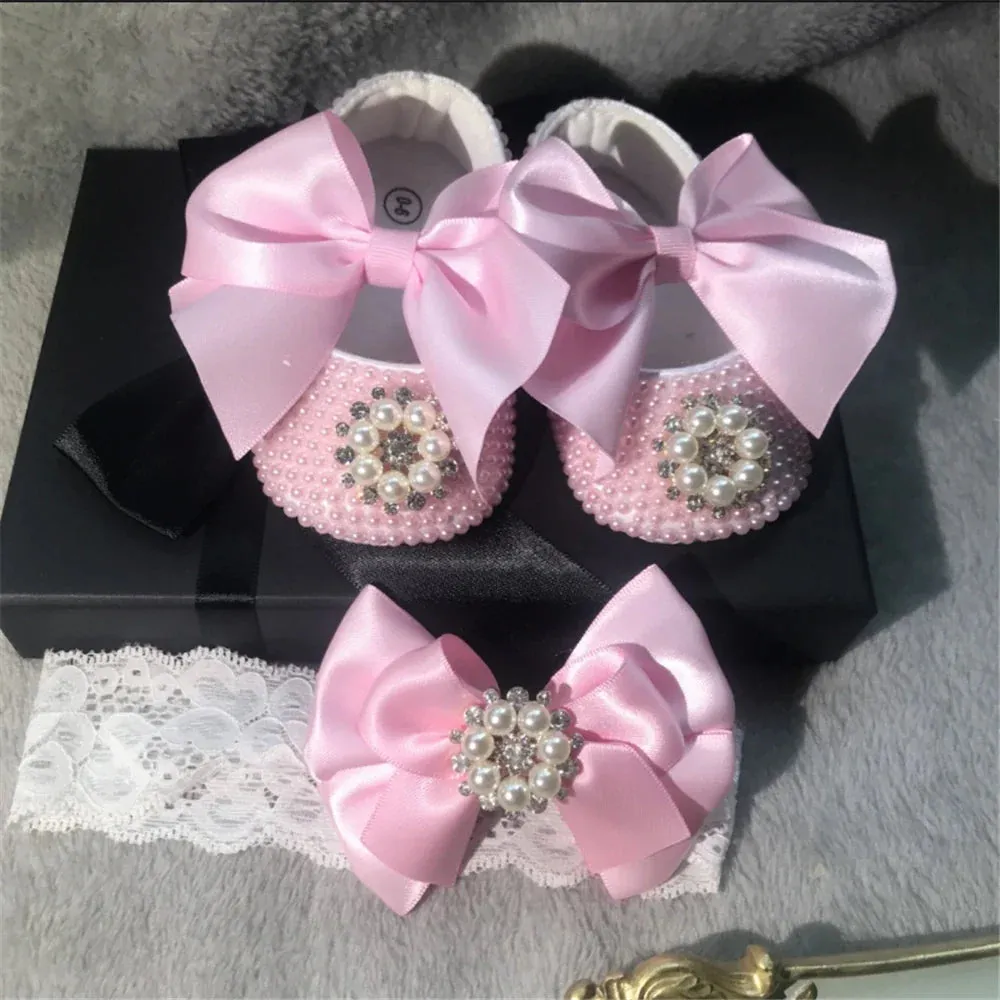 Handmade White Pearls Bling Rhinestone Baby Crib Shoes Christening Outfit Wedding Sparkle Organza Baptism 0-3m Shoes