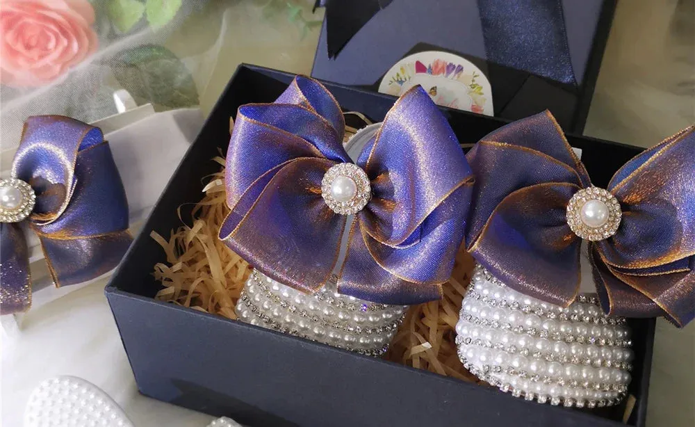 Handmade White Pearls Bling Rhinestone Baby Crib Shoes Christening Outfit Wedding Sparkle Organza Baptism 0-3m Shoes