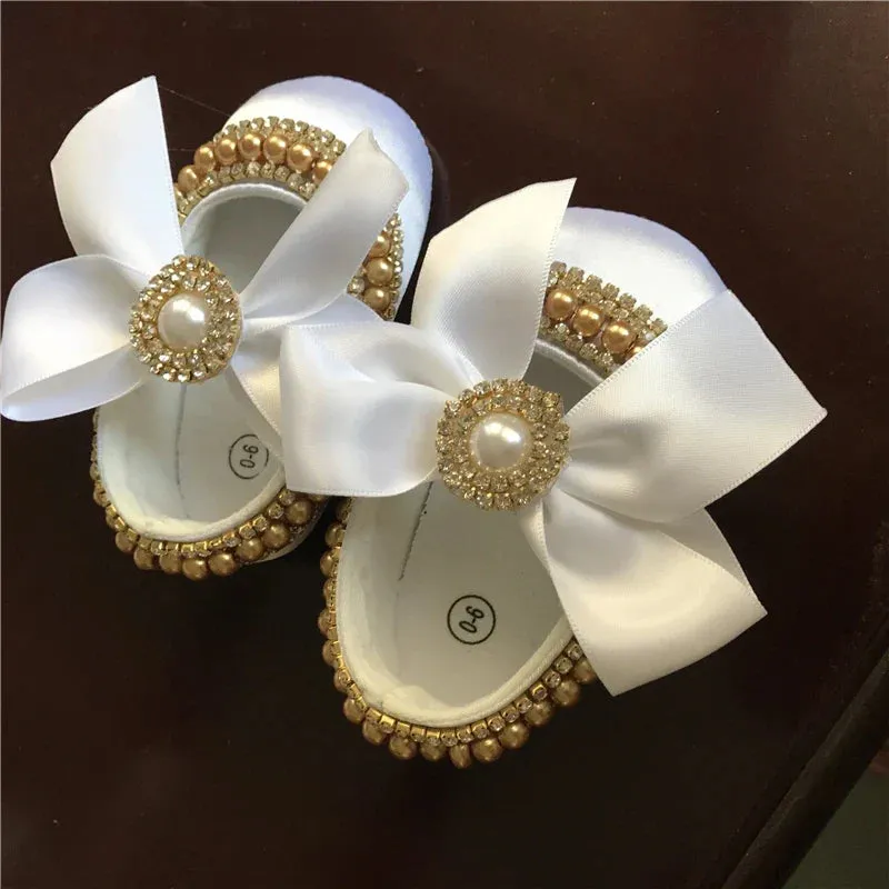 Handmade White Pearls Bling Rhinestone Baby Crib Shoes Christening Outfit Wedding Sparkle Organza Baptism 0-3m Shoes