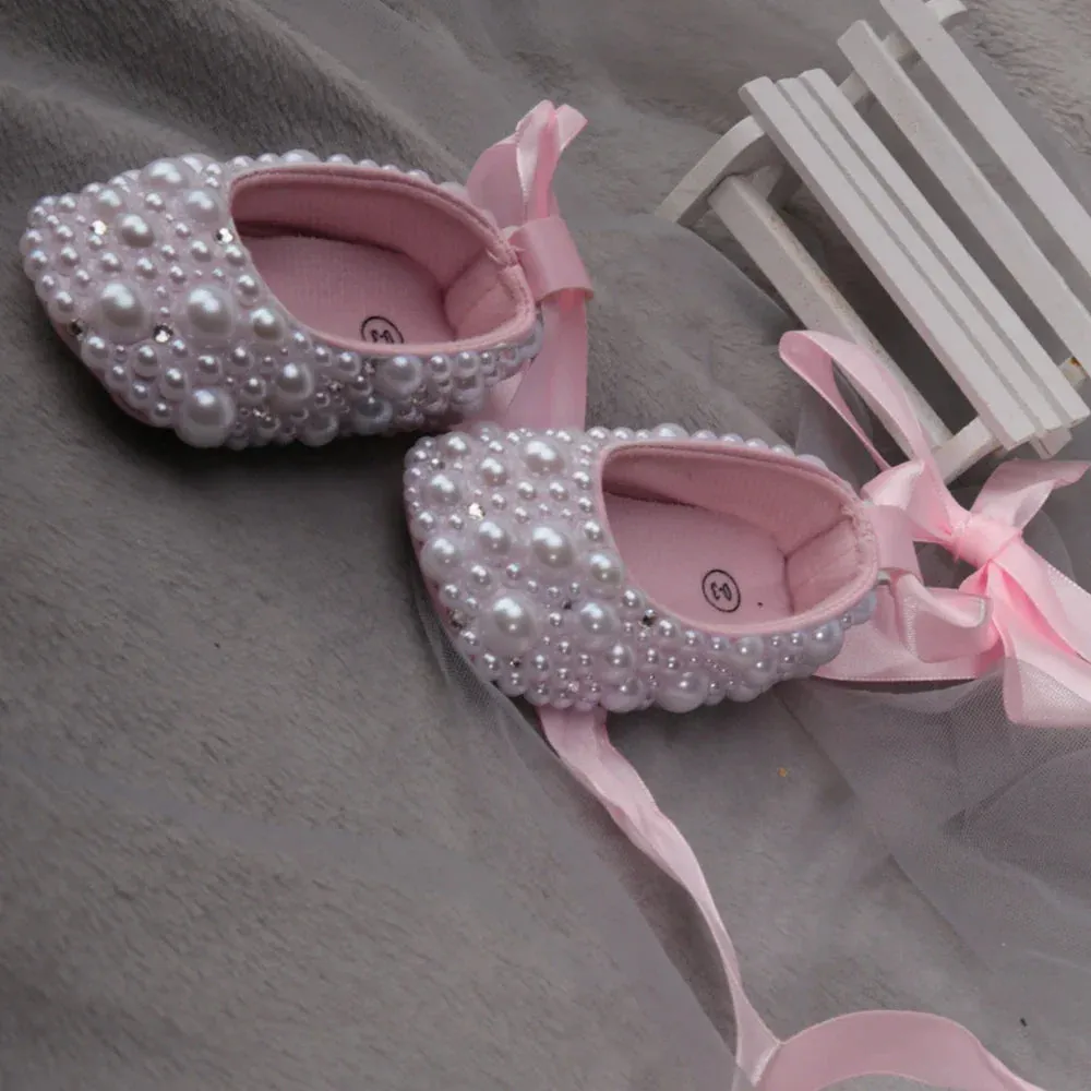 Handmade White Pearls Bling Rhinestone Baby Crib Shoes Christening Outfit Wedding Sparkle Organza Baptism 0-3m Shoes