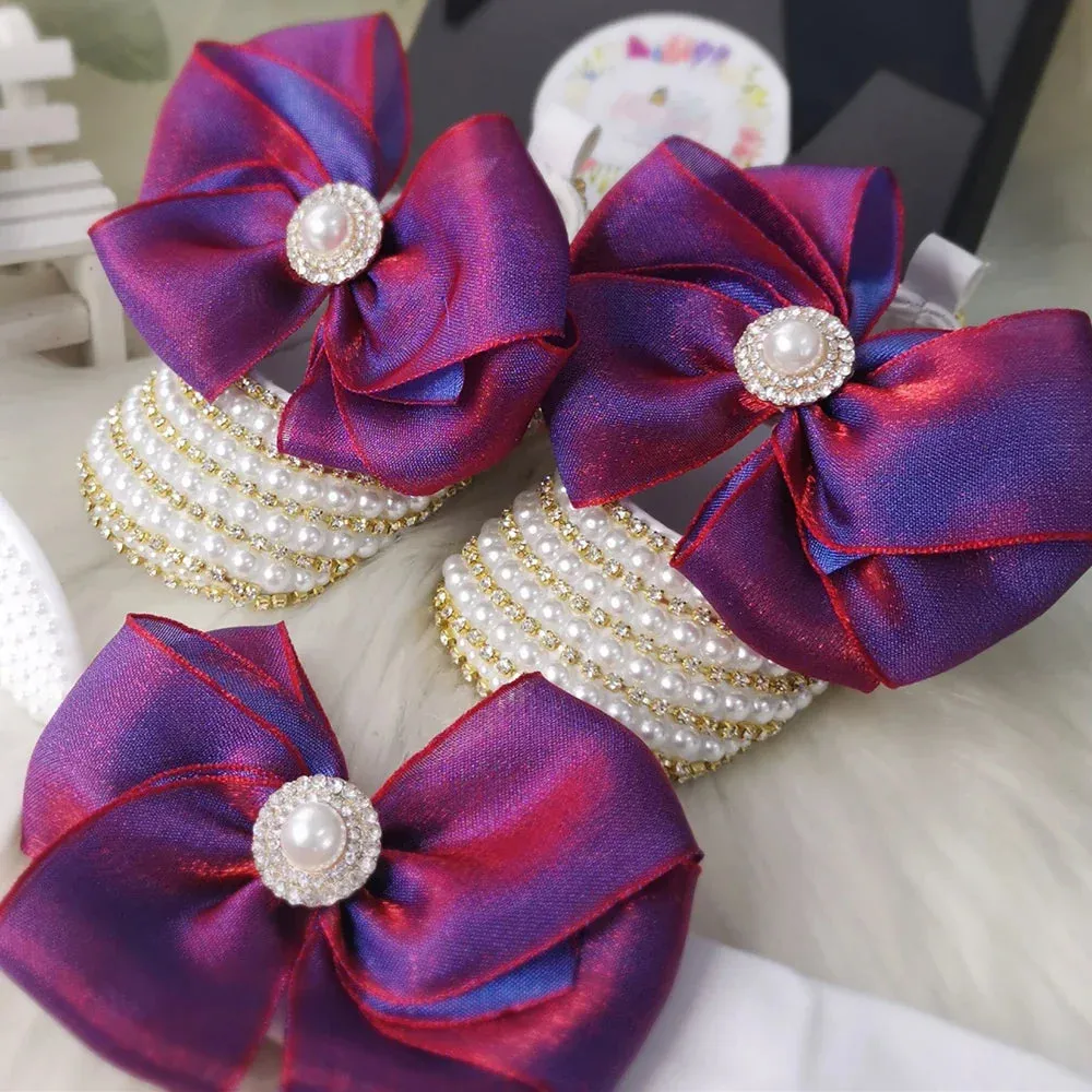 Handmade White Pearls Bling Rhinestone Baby Crib Shoes Christening Outfit Wedding Sparkle Organza Baptism 0-3m Shoes
