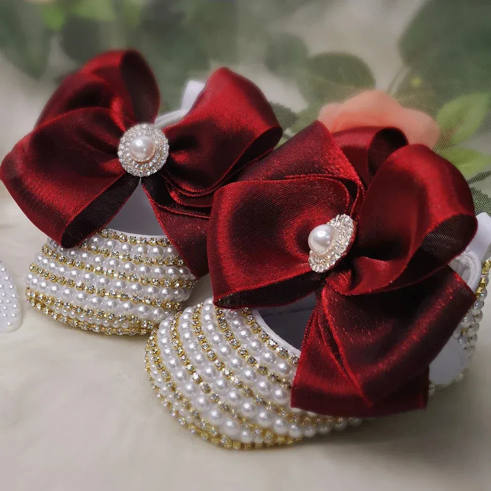 Handmade White Pearls Bling Rhinestone Baby Crib Shoes Christening Outfit Wedding Sparkle Organza Baptism 0-3m Shoes