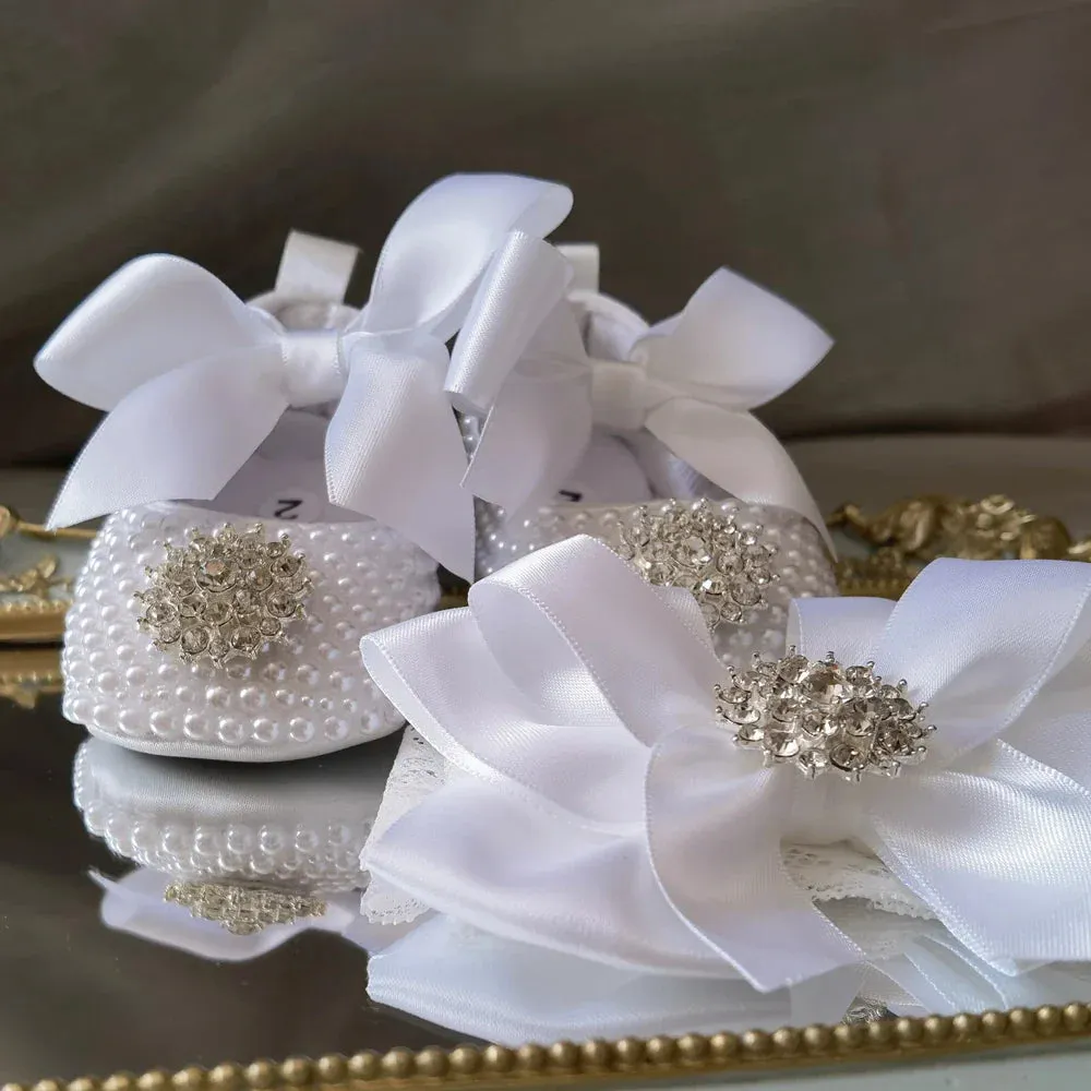 Handmade White Pearls Bling Rhinestone Baby Crib Shoes Christening Outfit Wedding Sparkle Organza Baptism 0-3m Shoes