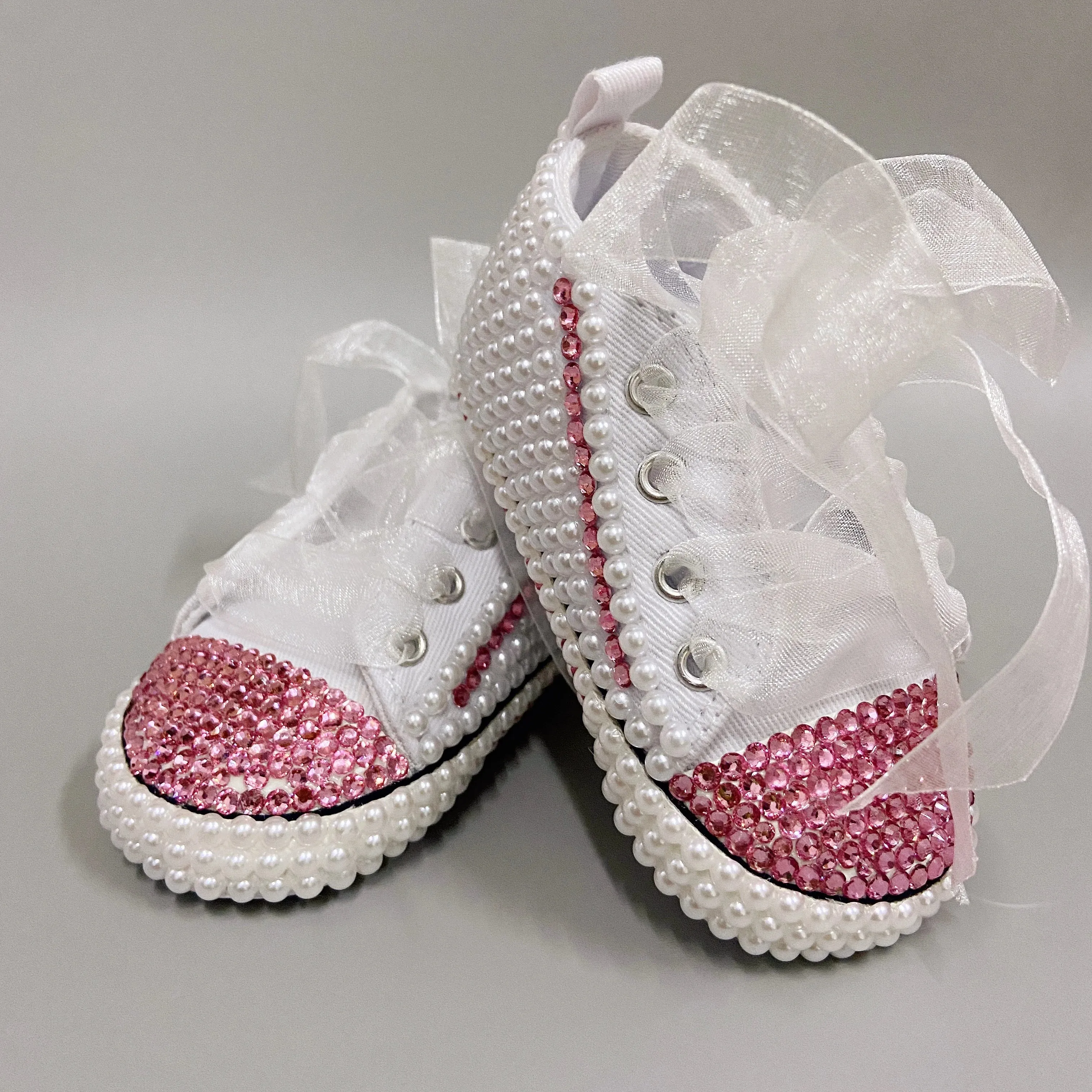 Handmade White Pearls Bling Rhinestone Baby Crib Shoes Christening Outfit Wedding Sparkle Organza Baptism 0-3m Shoes