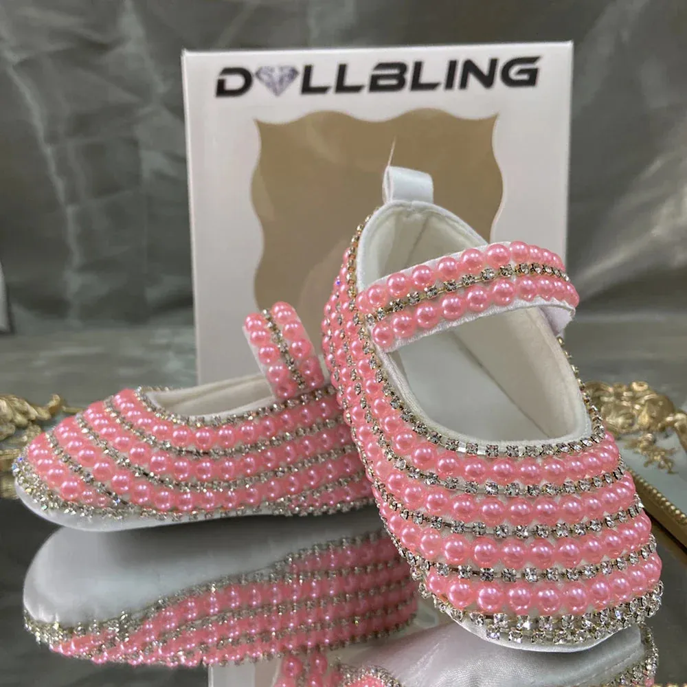 Handmade White Pearls Bling Rhinestone Baby Crib Shoes Christening Outfit Wedding Sparkle Organza Baptism 0-3m Shoes