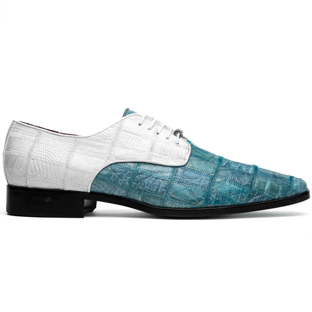 Marco Di Milano Pissa Aqua/White Patchwork Lizard Caiman Crocodile Derby Dress Shoes