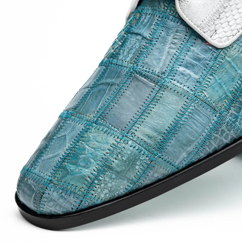 Marco Di Milano Pissa Aqua/White Patchwork Lizard Caiman Crocodile Derby Dress Shoes