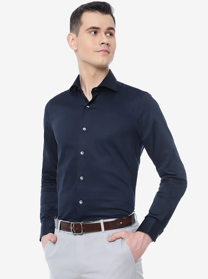 Navy Blue Solid Slim Fit Party Wear Shirt | Wyre