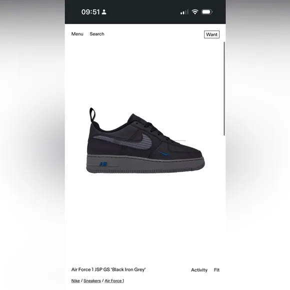 Nike Air Force 1 JSP GS Size 5.5Y “Black Iron Grey”
