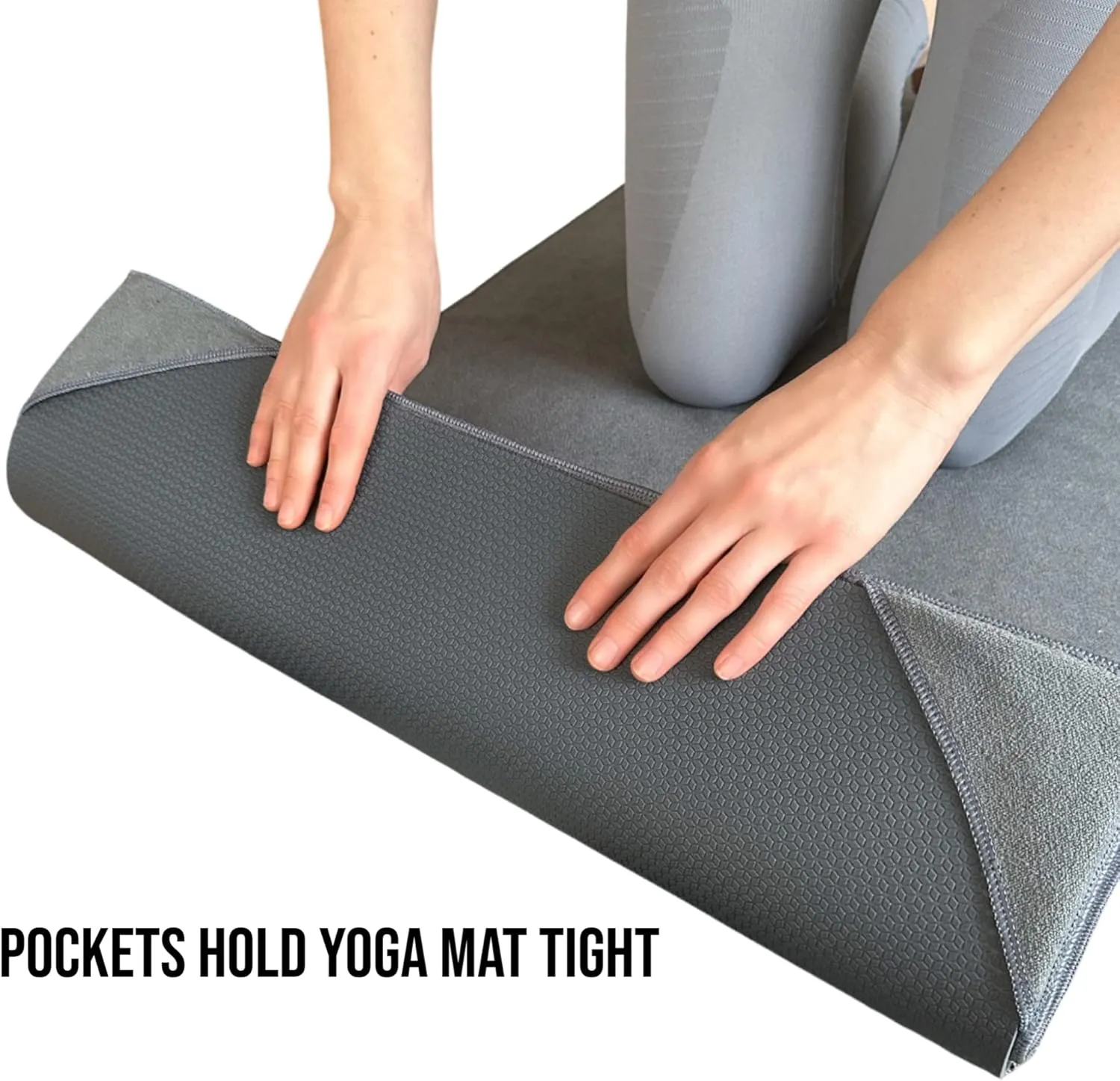 Non Slip Yoga Towel with Corner Pockets, Mat-Sized 24"x72", 100% Microfiber Sweat Absorbent, Perfect for Hot Yoga, Bikram, Pilates and More (Grey)