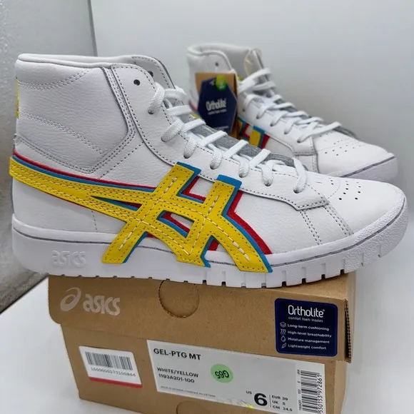 NWT Asics Atmos ‘ 3 Strand ‘ Gel PTG MT White Yellow Blue Mid Sneaker Leather