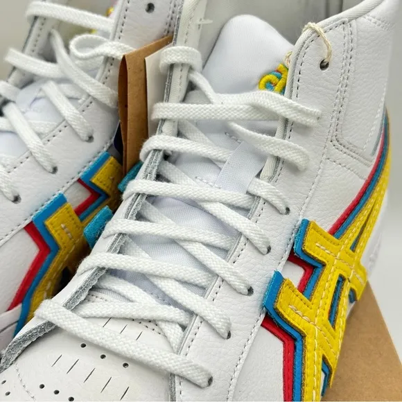 NWT Asics Atmos ‘ 3 Strand ‘ Gel PTG MT White Yellow Blue Mid Sneaker Leather
