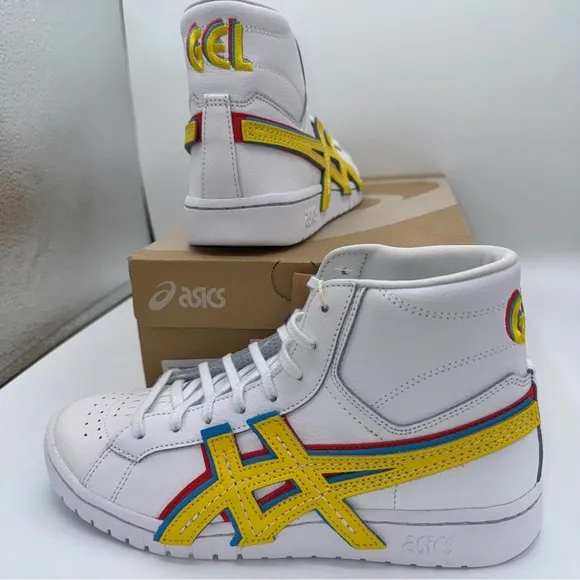 NWT Asics Atmos ‘ 3 Strand ‘ Gel PTG MT White Yellow Blue Mid Sneaker Leather