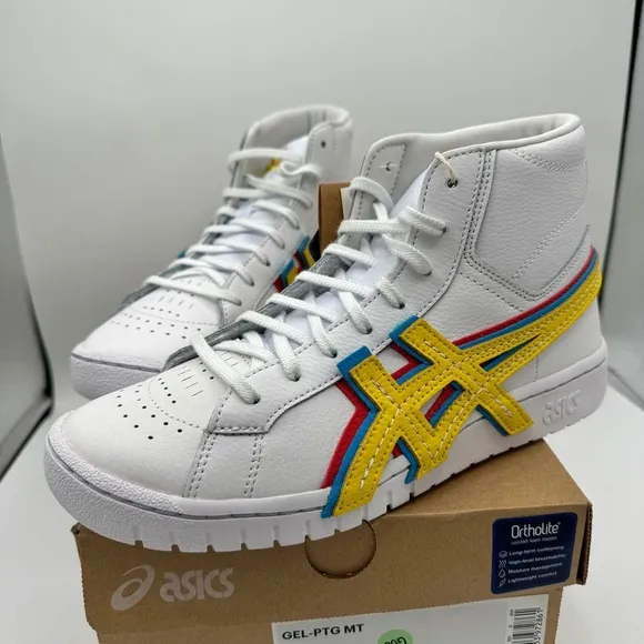 NWT Asics Atmos ‘ 3 Strand ‘ Gel PTG MT White Yellow Blue Mid Sneaker Leather