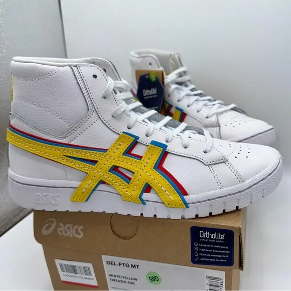 NWT Asics Atmos ‘ 3 Strand ‘ Gel PTG MT White Yellow Blue Mid Sneaker Leather