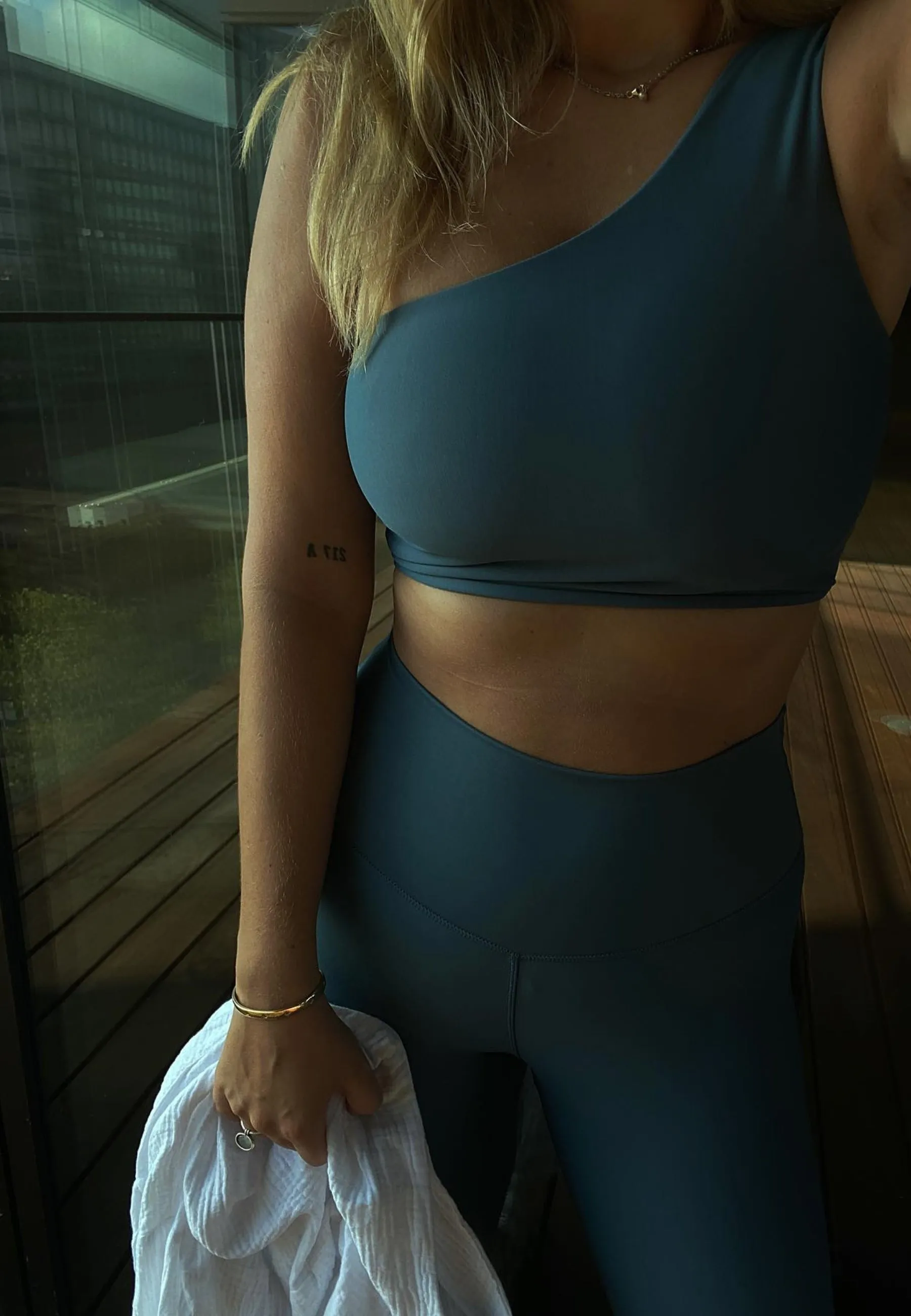 One Shoulder Yoga Top - Pine Blue