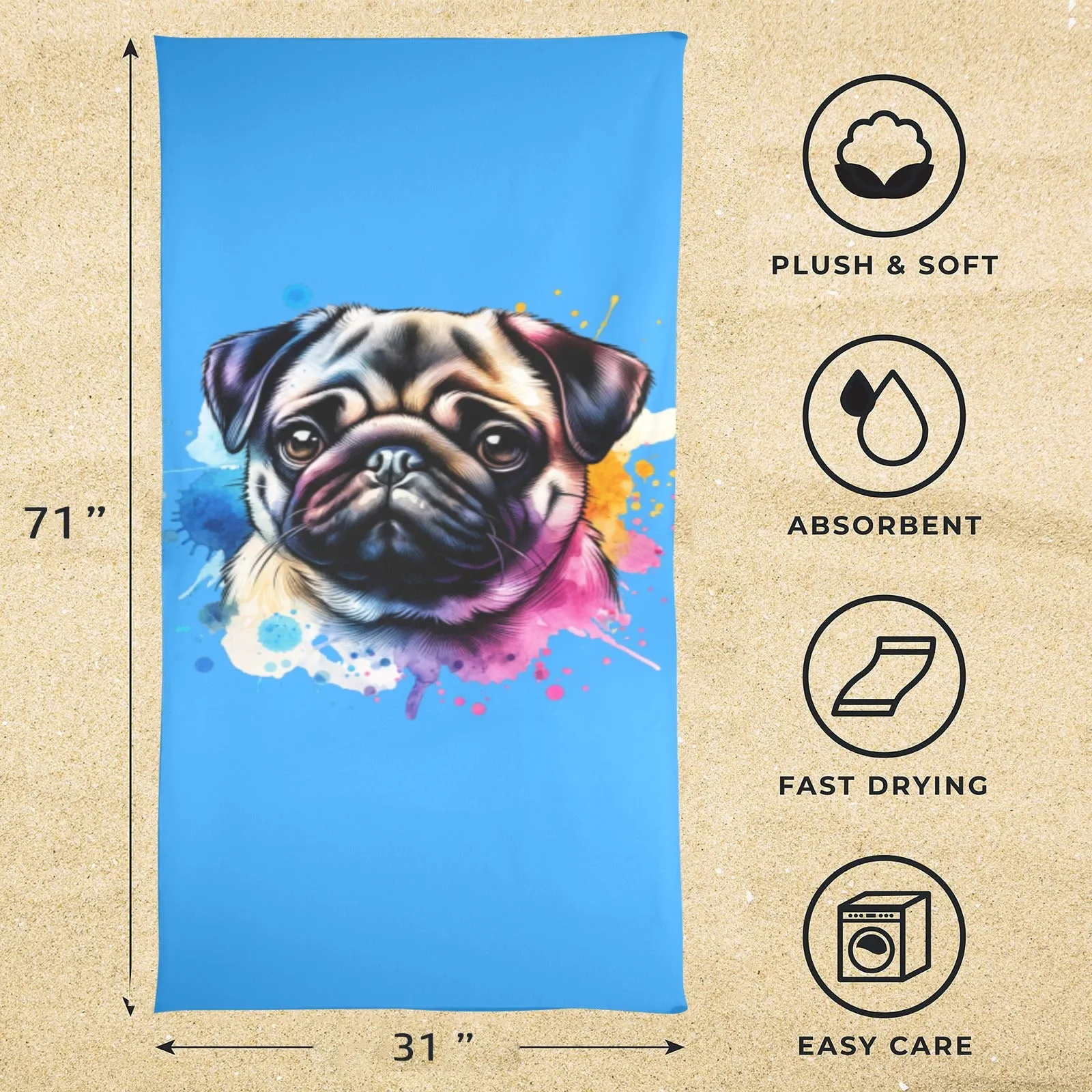 Pug Beach Towel - Watercolor
