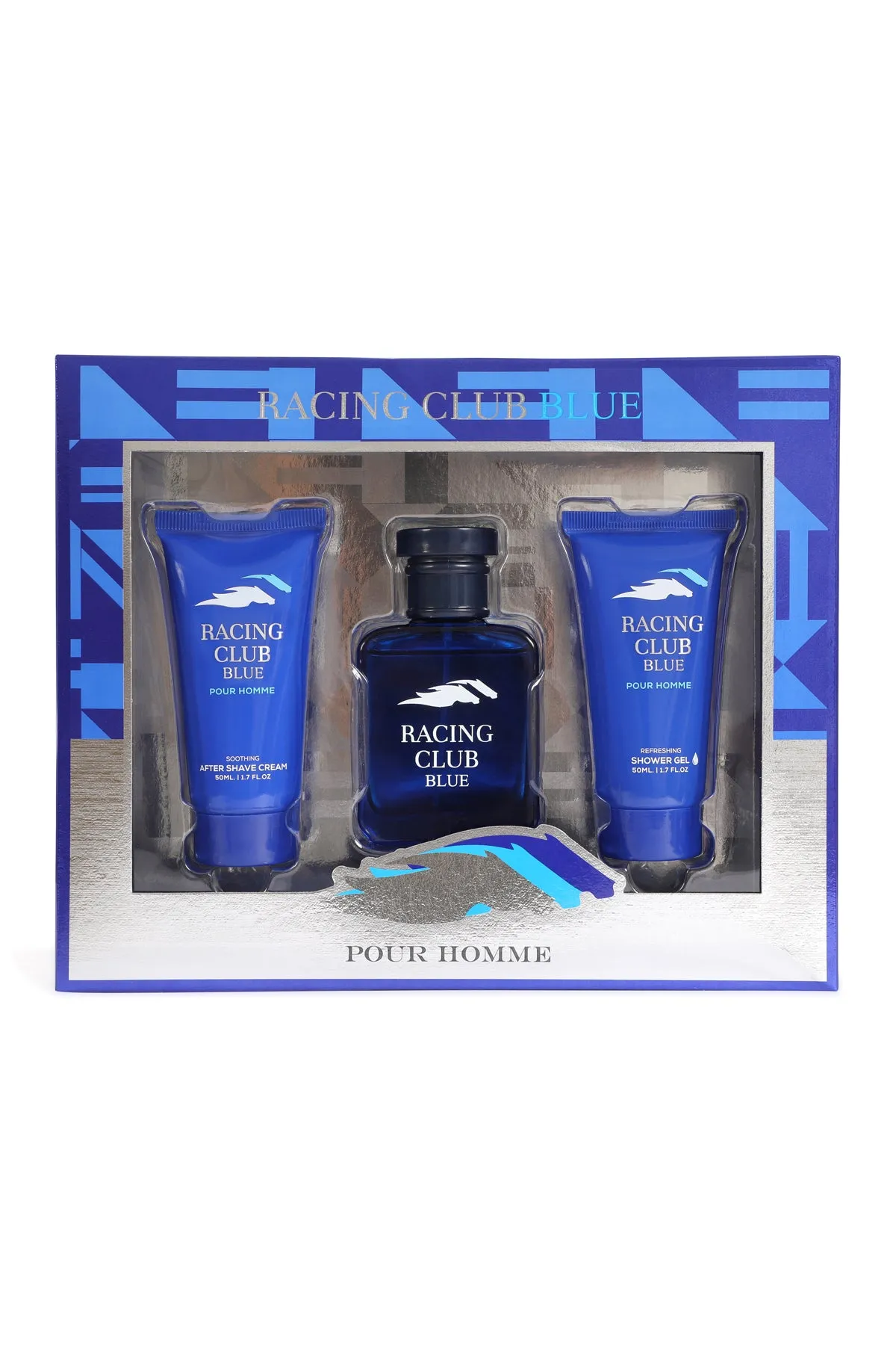 RACING CLUB BLUE SPRAY COLOGNE FOR MEN 3 PIECE SET WITH AFTER SHAVE CREAM AND SHOWER GEL