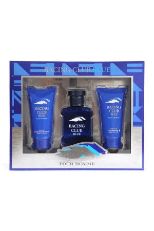 RACING CLUB BLUE SPRAY COLOGNE FOR MEN 3 PIECE SET WITH AFTER SHAVE CREAM AND SHOWER GEL