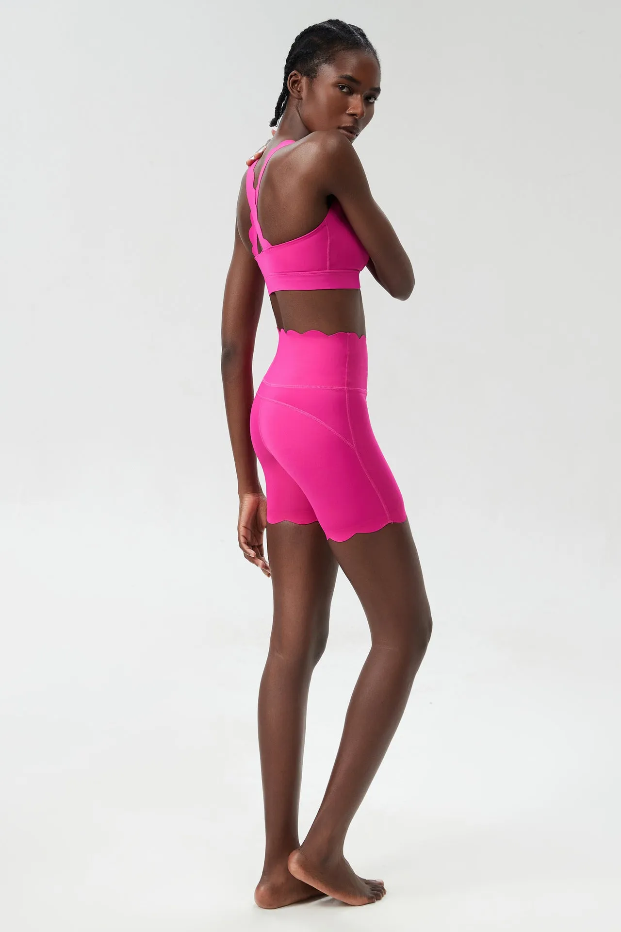 Scallop-Edge High-Waisted Biker Shorts and Sports Bra Activewear Set