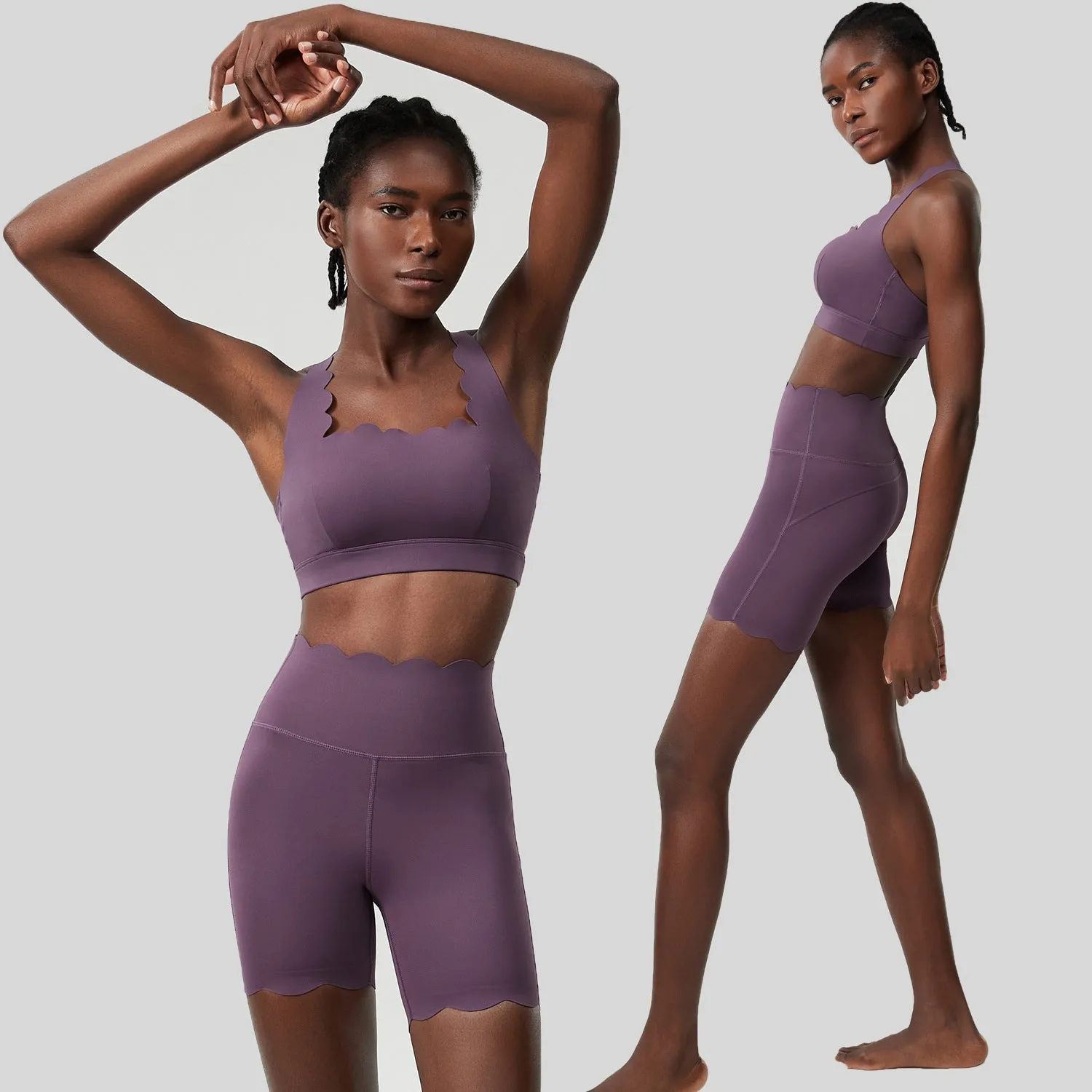 Scallop-Edge High-Waisted Biker Shorts and Sports Bra Activewear Set