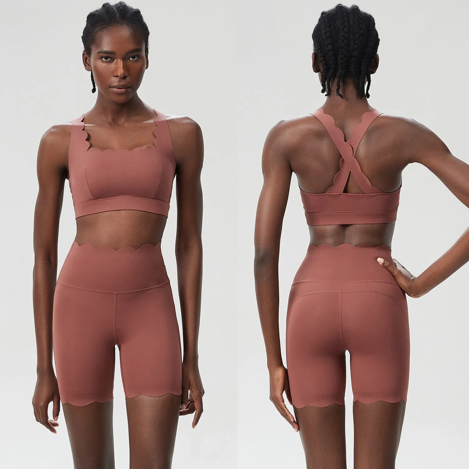 Scallop-Edge High-Waisted Biker Shorts and Sports Bra Activewear Set