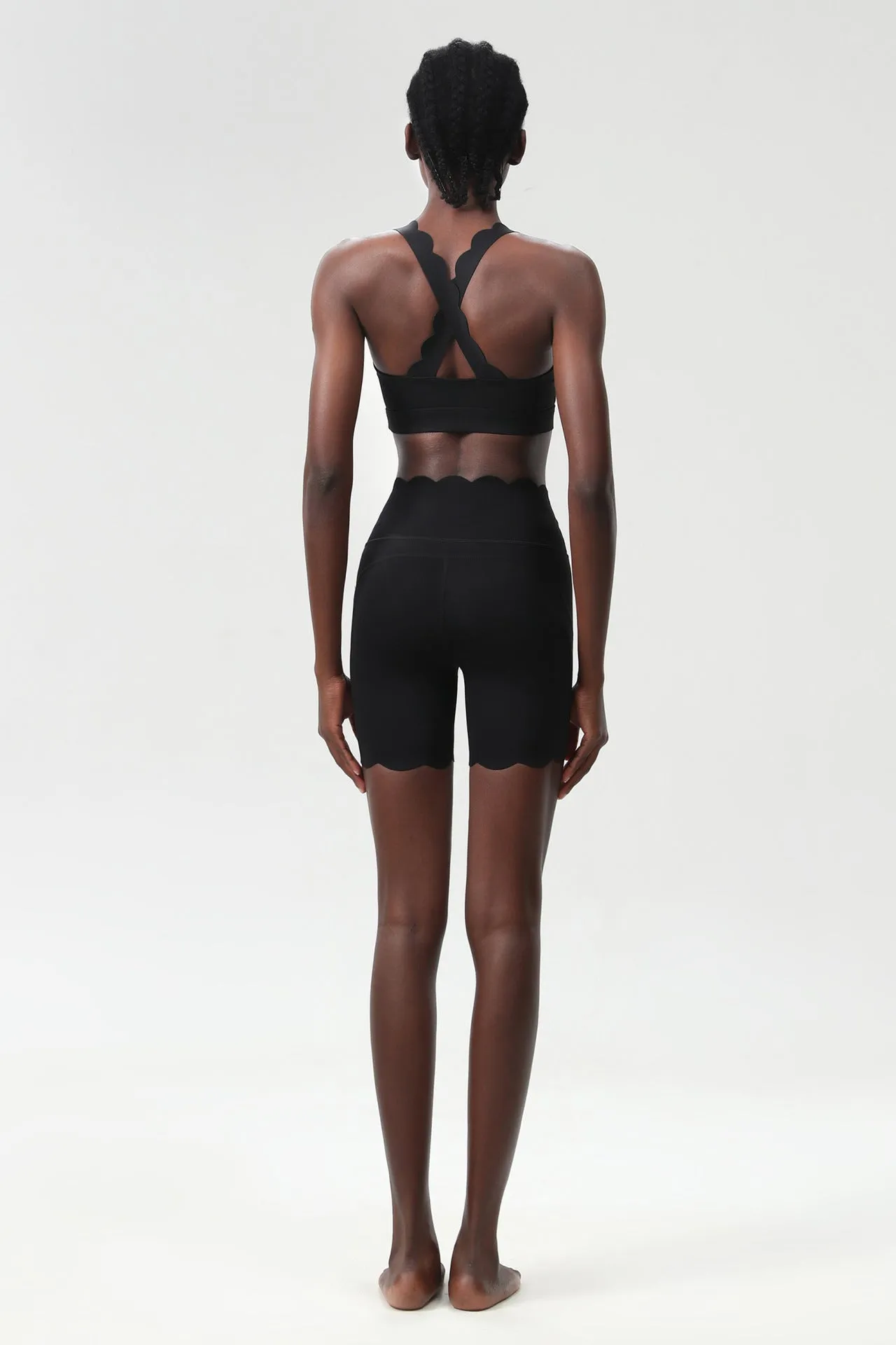 Scallop-Edge High-Waisted Biker Shorts and Sports Bra Activewear Set