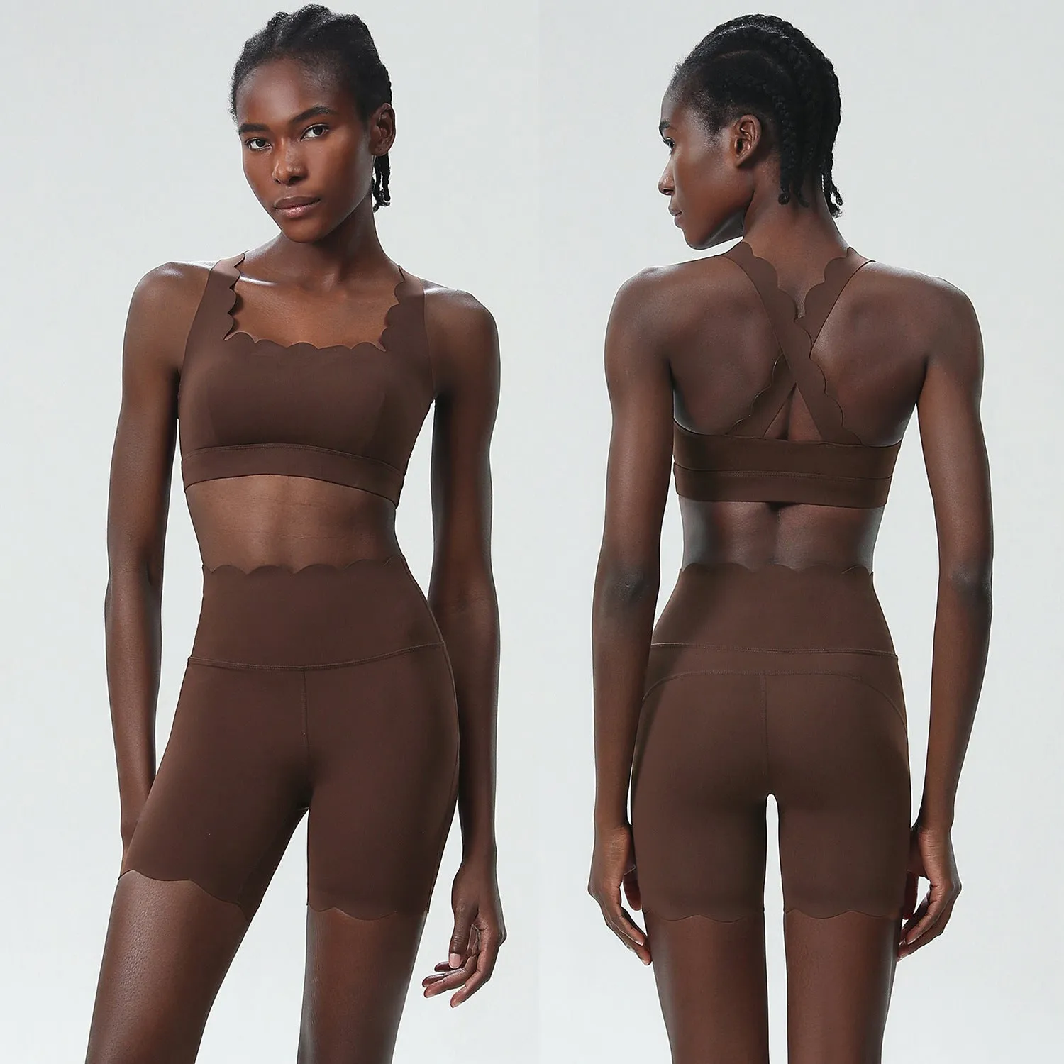 Scallop-Edge High-Waisted Biker Shorts and Sports Bra Activewear Set