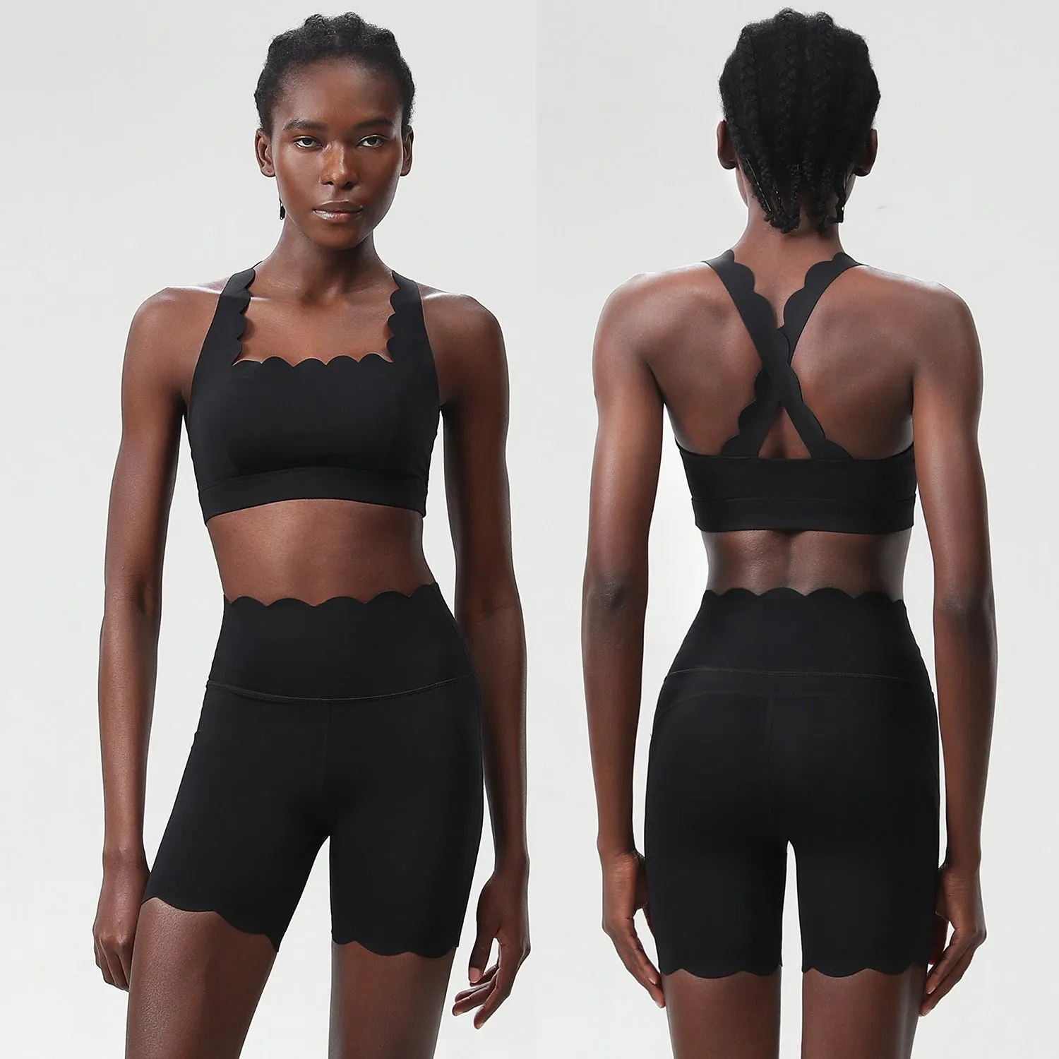 Scallop-Edge High-Waisted Biker Shorts and Sports Bra Activewear Set