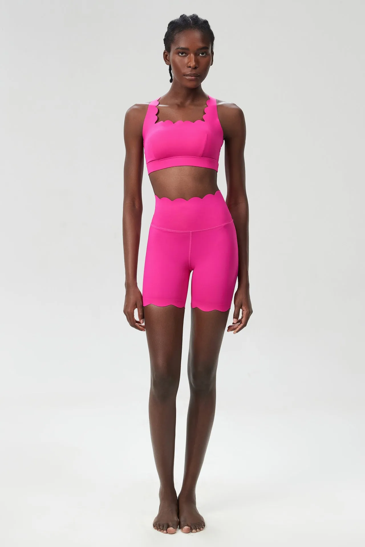 Scallop-Edge High-Waisted Biker Shorts and Sports Bra Activewear Set
