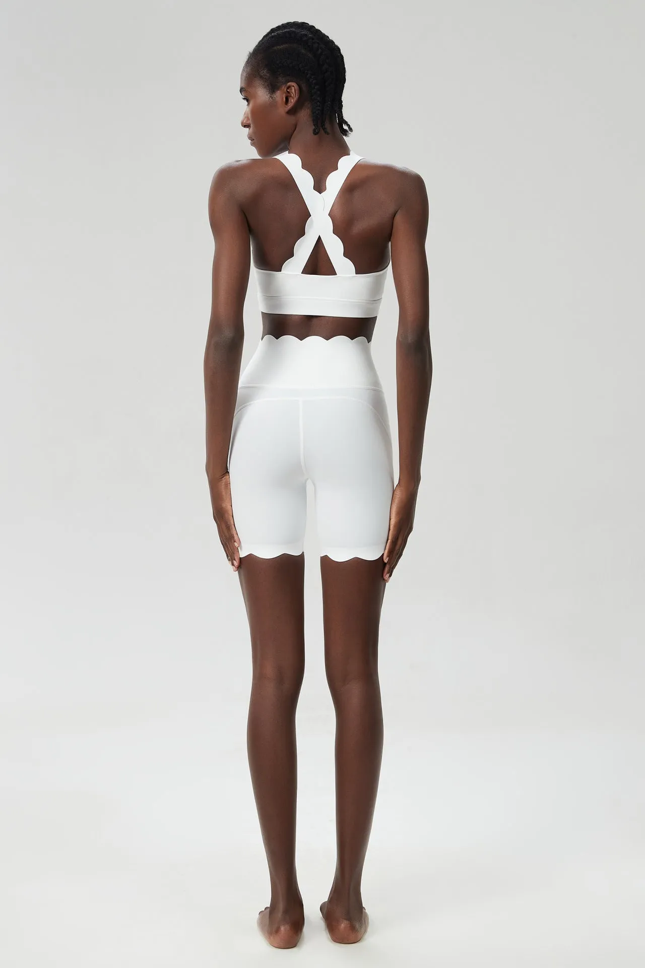Scallop-Edge High-Waisted Biker Shorts and Sports Bra Activewear Set