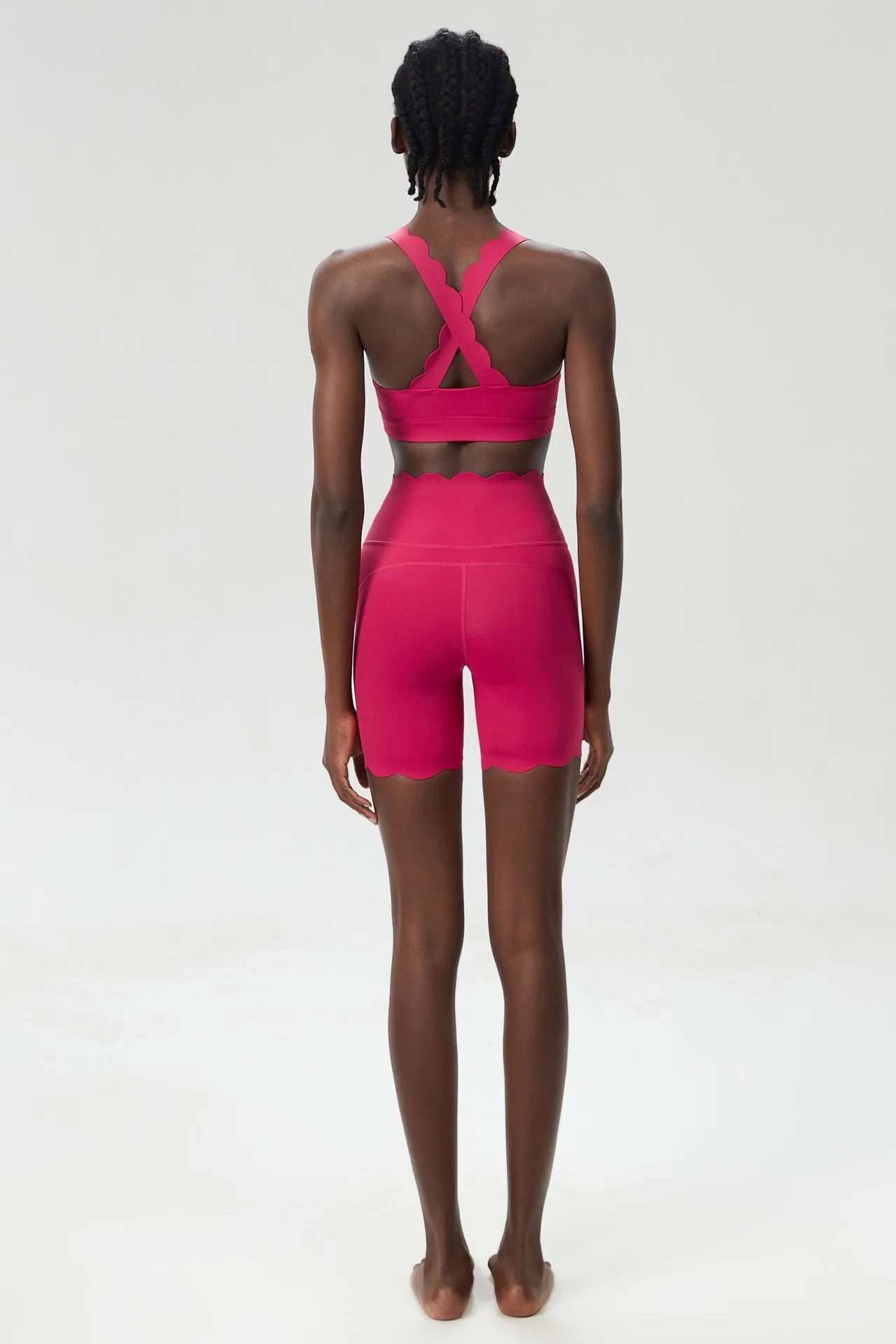 Scallop-Edge High-Waisted Biker Shorts and Sports Bra Activewear Set