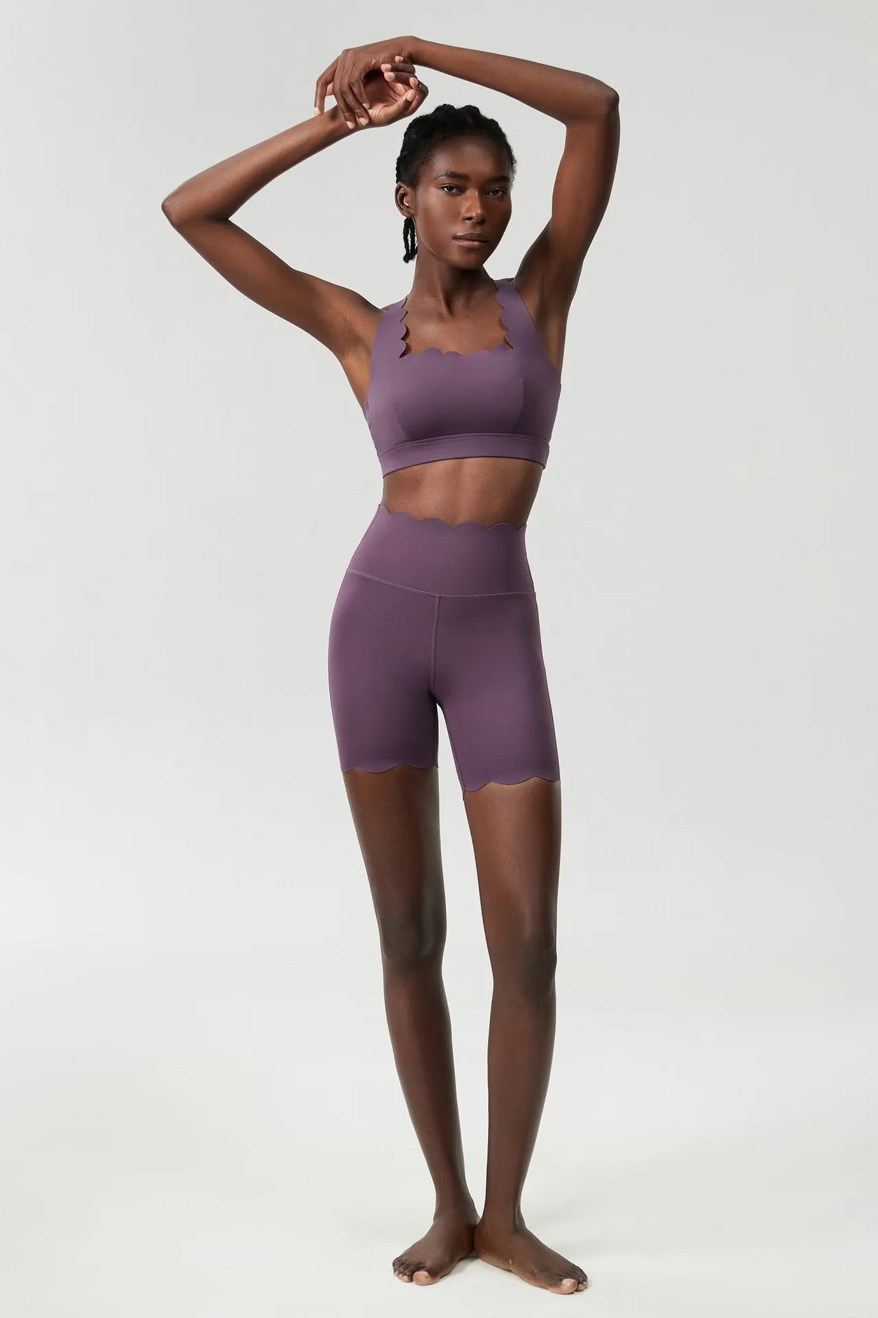 Scallop-Edge High-Waisted Biker Shorts and Sports Bra Activewear Set