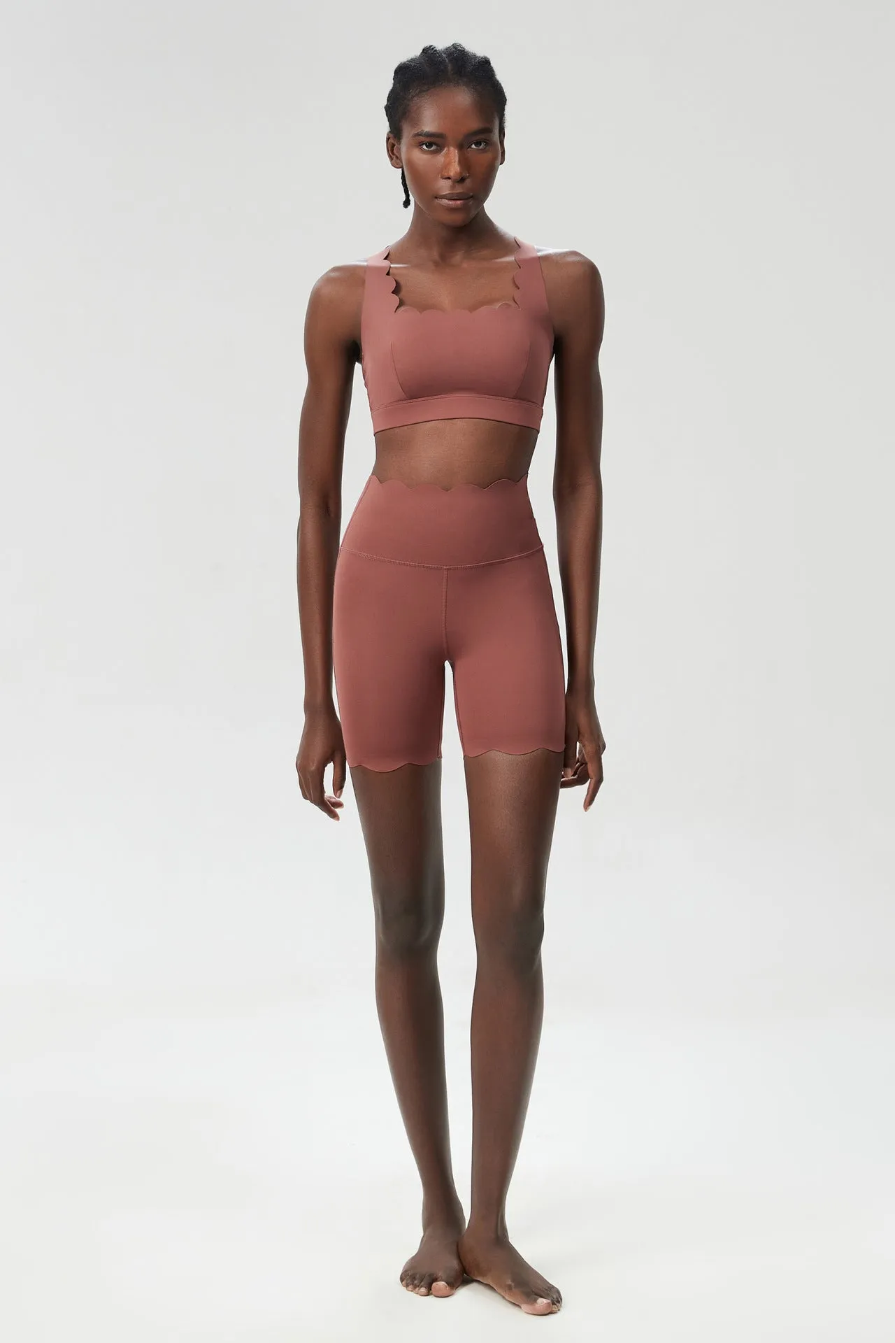 Scallop-Edge High-Waisted Biker Shorts and Sports Bra Activewear Set