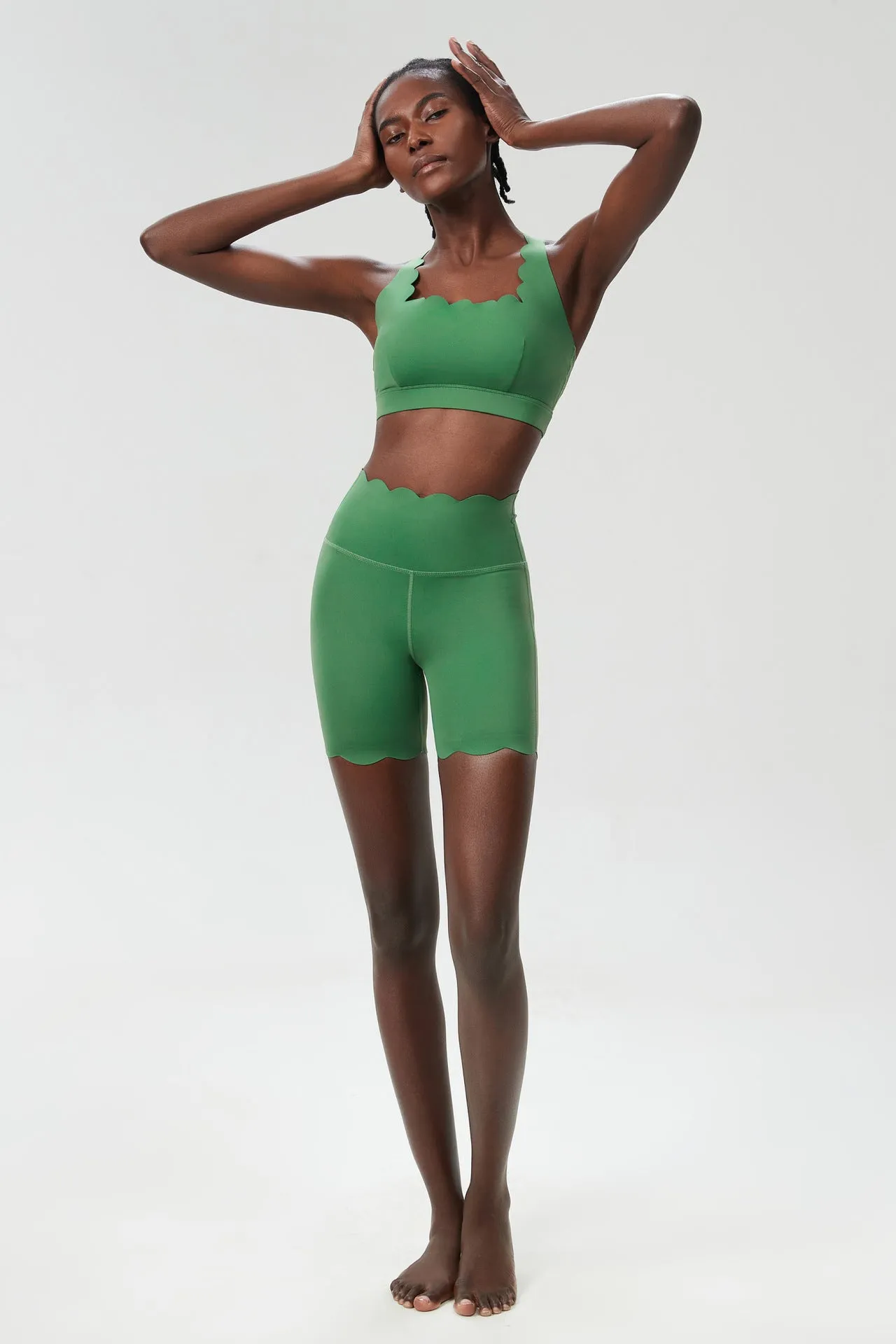 Scallop-Edge High-Waisted Biker Shorts and Sports Bra Activewear Set